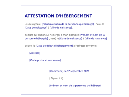 Attestation d'hébergement